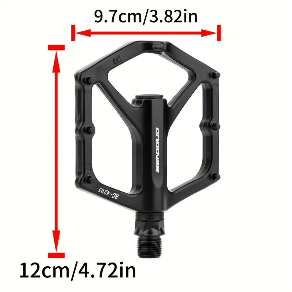 A pair of lightweight aluminum alloy bicycle pedals - sealed bearings, wide platform, flat design, easy to ride