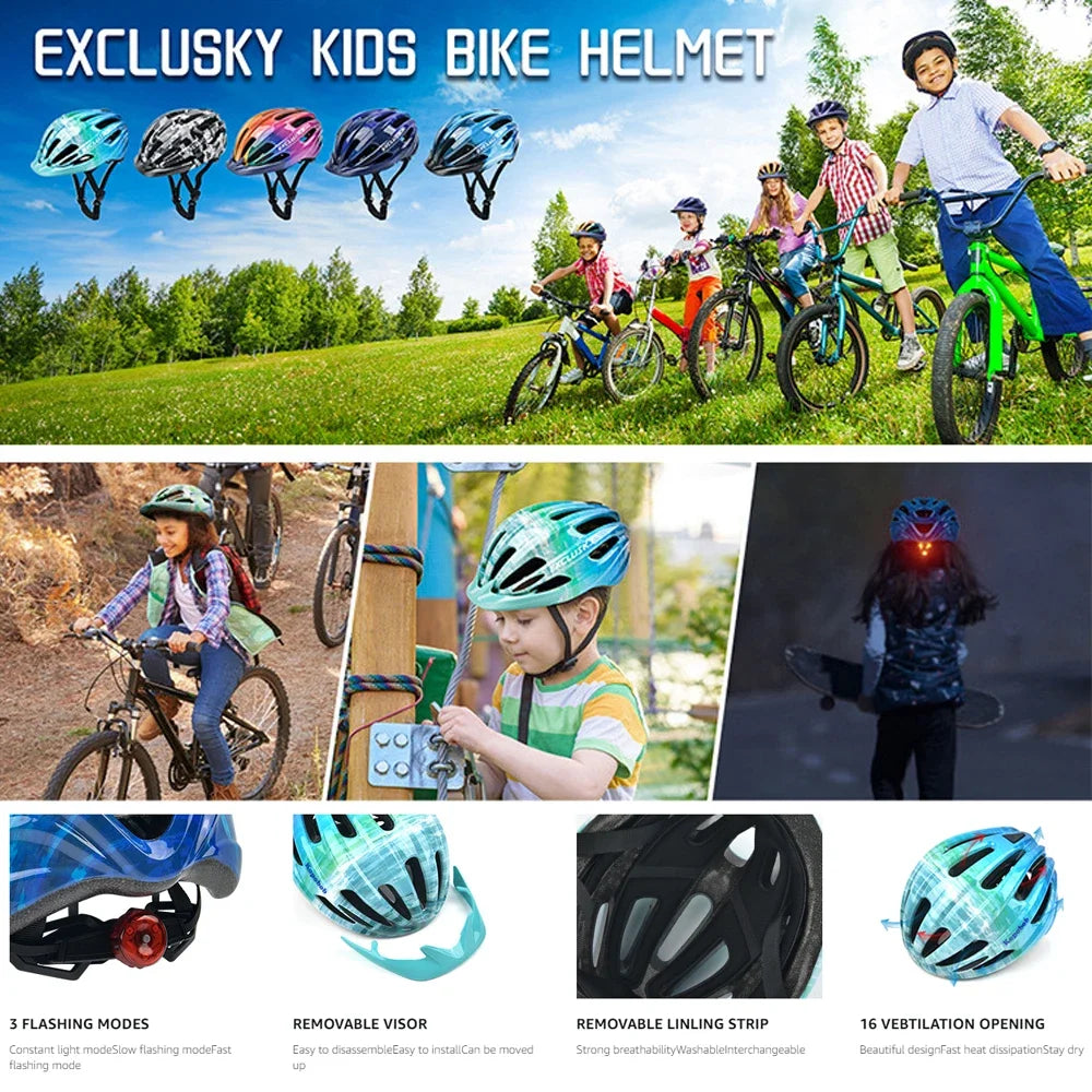 Kids Bike Helmet with Light, Adjustable Skate Scooter Cycling Helmet 50-57cm,Multi-Sport Youth Childrens Bicycle Helmet Age 5-14