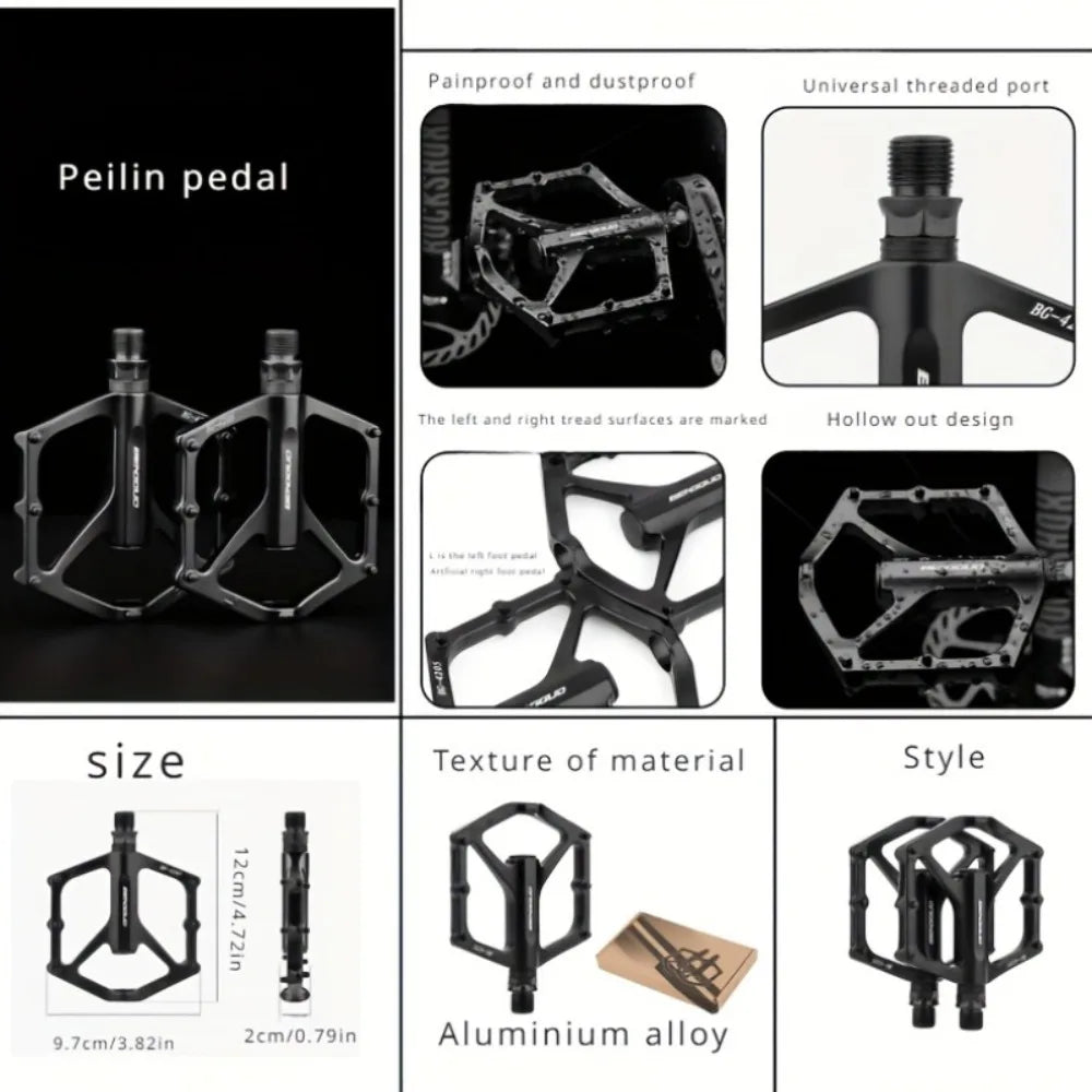 A pair of lightweight aluminum alloy bicycle pedals - sealed bearings, wide platform, flat design, easy to ride
